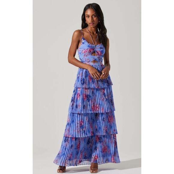 ASTR The Label Daytona Pleated Floral Maxi Dress Periwinkle Pink Medium - Picture 2 of 9